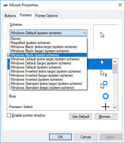 set custom mouse pointer scheme logon screen windows 7